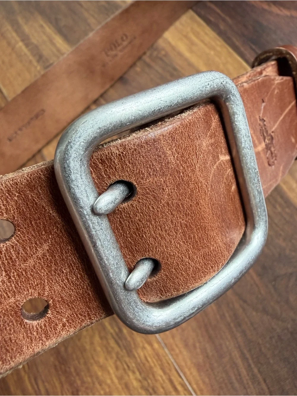 Polo Ralph Lauren Leather Double Prong Silver Buckle Belt Cognac Size 33
